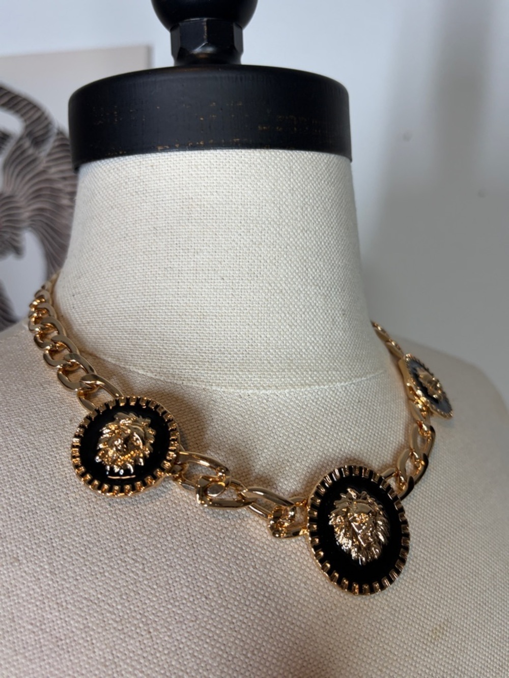 Gold and Black Lion Medallion Chain Necklace - Women Jewelry - Picture 3 of 8